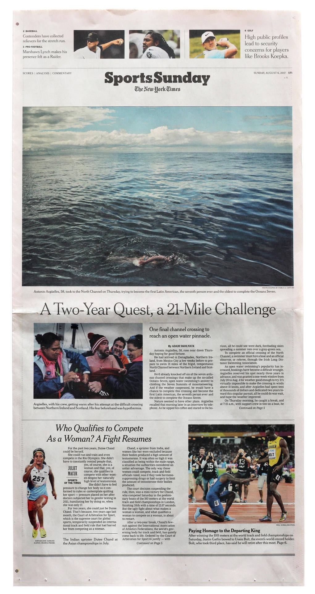 Portada de Sports Sunday de The New York Times con Antonio Argüelles nadando el Canal del Norte